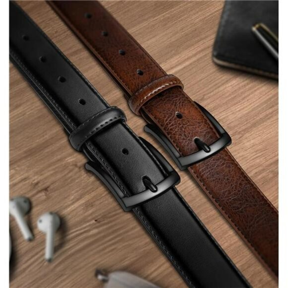 Men Leather Belt 2 Pack Adjustable Dress Belt Casual Jeans Belt 1 3 8 Inch - Picture 2 of 8